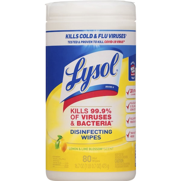 Lysol disinfecting wipes canister, lemon & lime blossom scent, 80 wipes