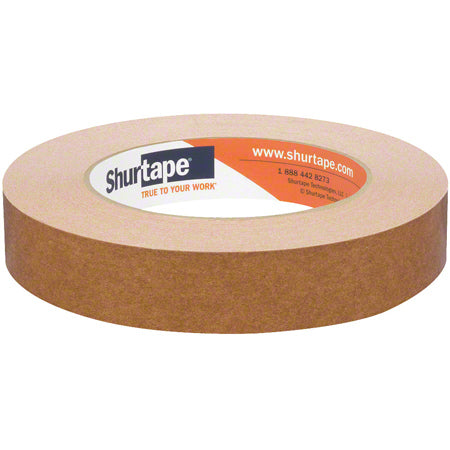 Kraft flatback tape roll, brown, 24mm wide, with Shurtape branding