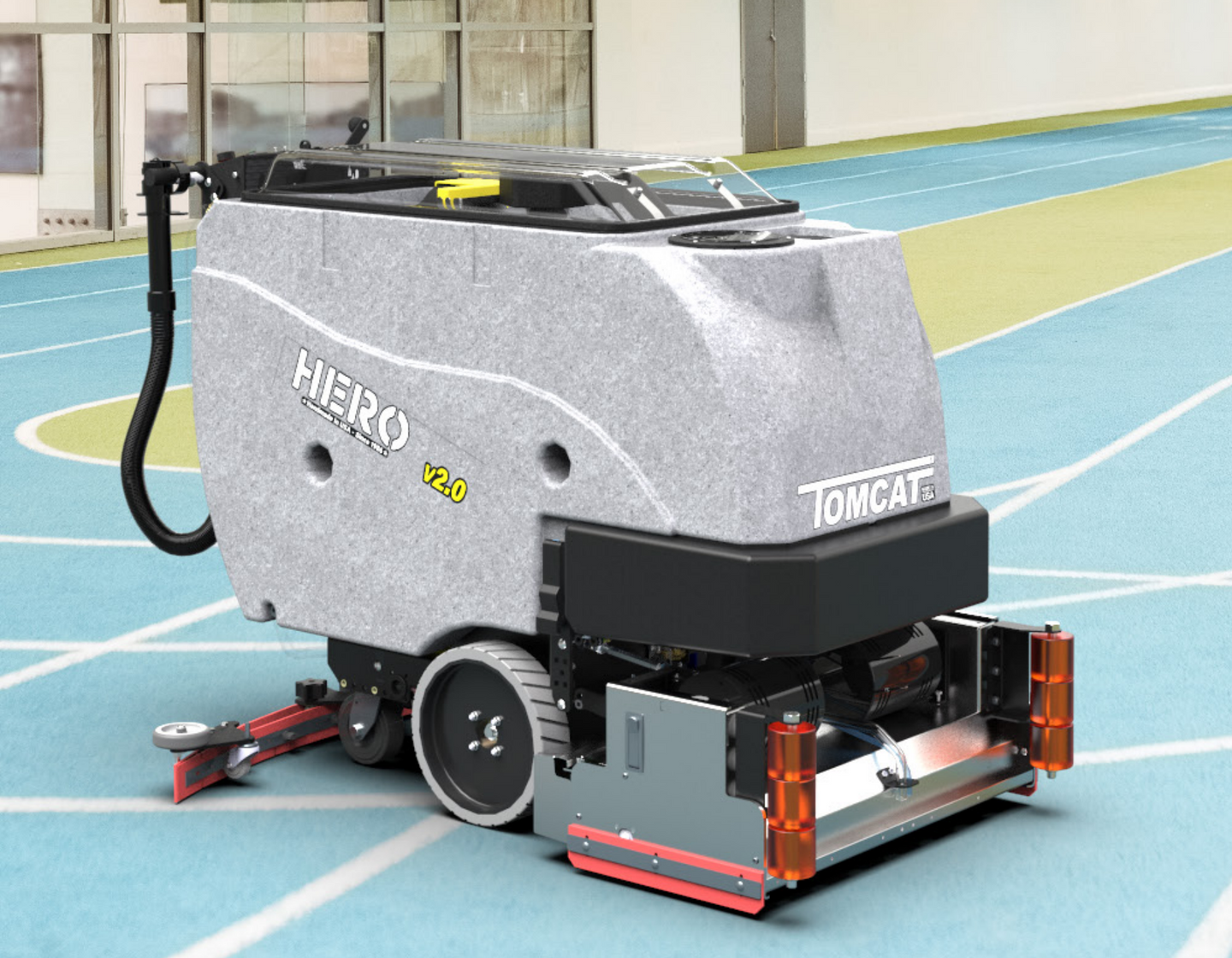 Tomcat® scrubber machine with gray tank, front squeegee, dual wheels, black panel and red lights