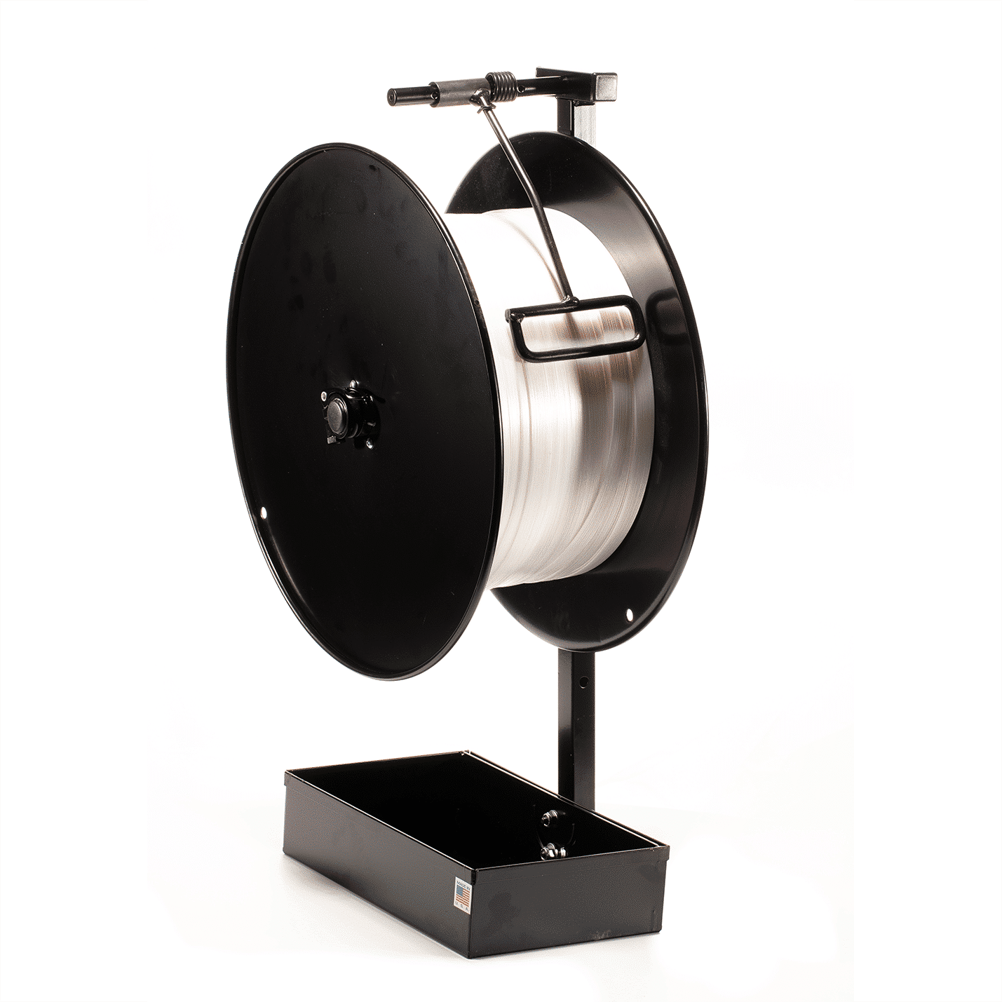 Forklift mountable dispenser with black base and stainless steel spool reel