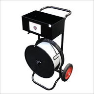 Deluxe strapping dispenser with wheels, black steel frame and strap spool