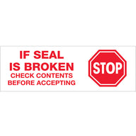Clear carton sealing tape with red warning text: IF SEAL IS BROKEN, STOP