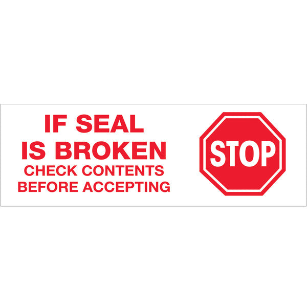 Clear carton sealing tape with red warning text: IF SEAL IS BROKEN, STOP