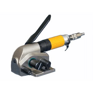 Pneumatic tensioning tool with black handle, yellow grip, and metal body with nozzle