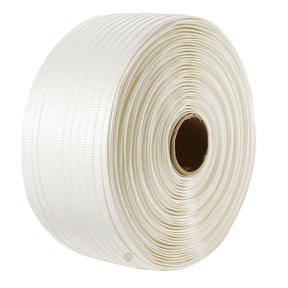 Woven strapping tape roll, cream white, tightly wound on cardboard core