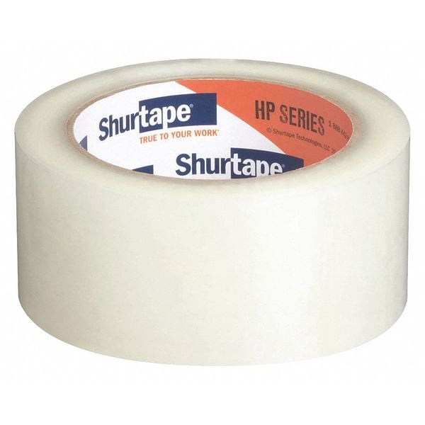 Clear carton tape roll with visible inner core label, Shurtape HP Series