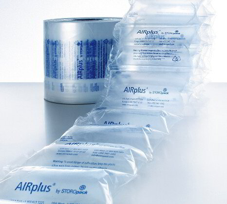 Air cushion packaging pillows in clear wrap with boxed roll packaging