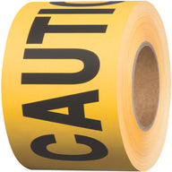 Yellow caution barricade tape roll with black 'CAUTION' lettering