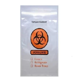 Specimen transfer bag, clear 2 mil plastic with biohazard and handling icons