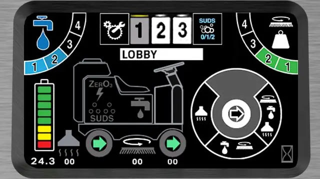 Floor scrubber control panel with touchscreen icons, timers, and dosing indicators