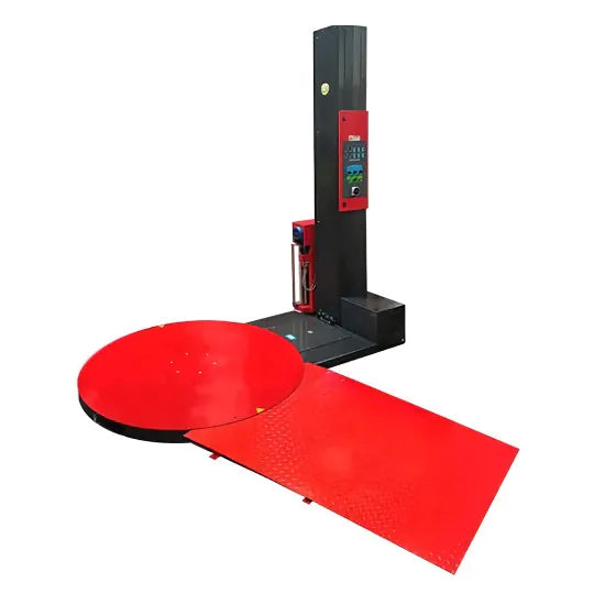 Eagle semi-automatic stretch wrapper with red platform and black base, control display