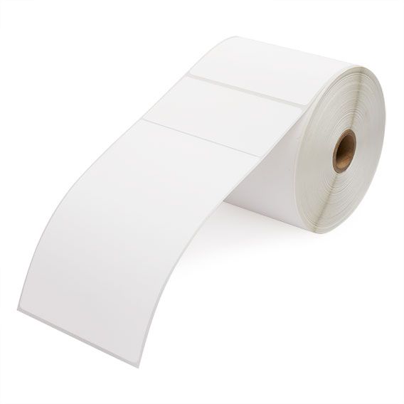 White direct thermal labels roll angled view with tabbed label section