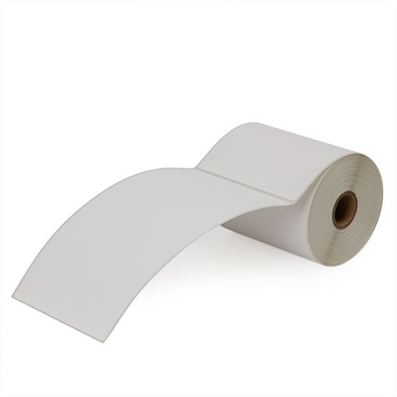 White direct thermal label roll with labels fanned, 1-inch core visible