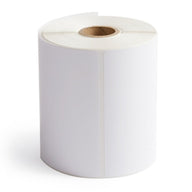 White direct thermal label roll on 1-inch core, perforated edges visible