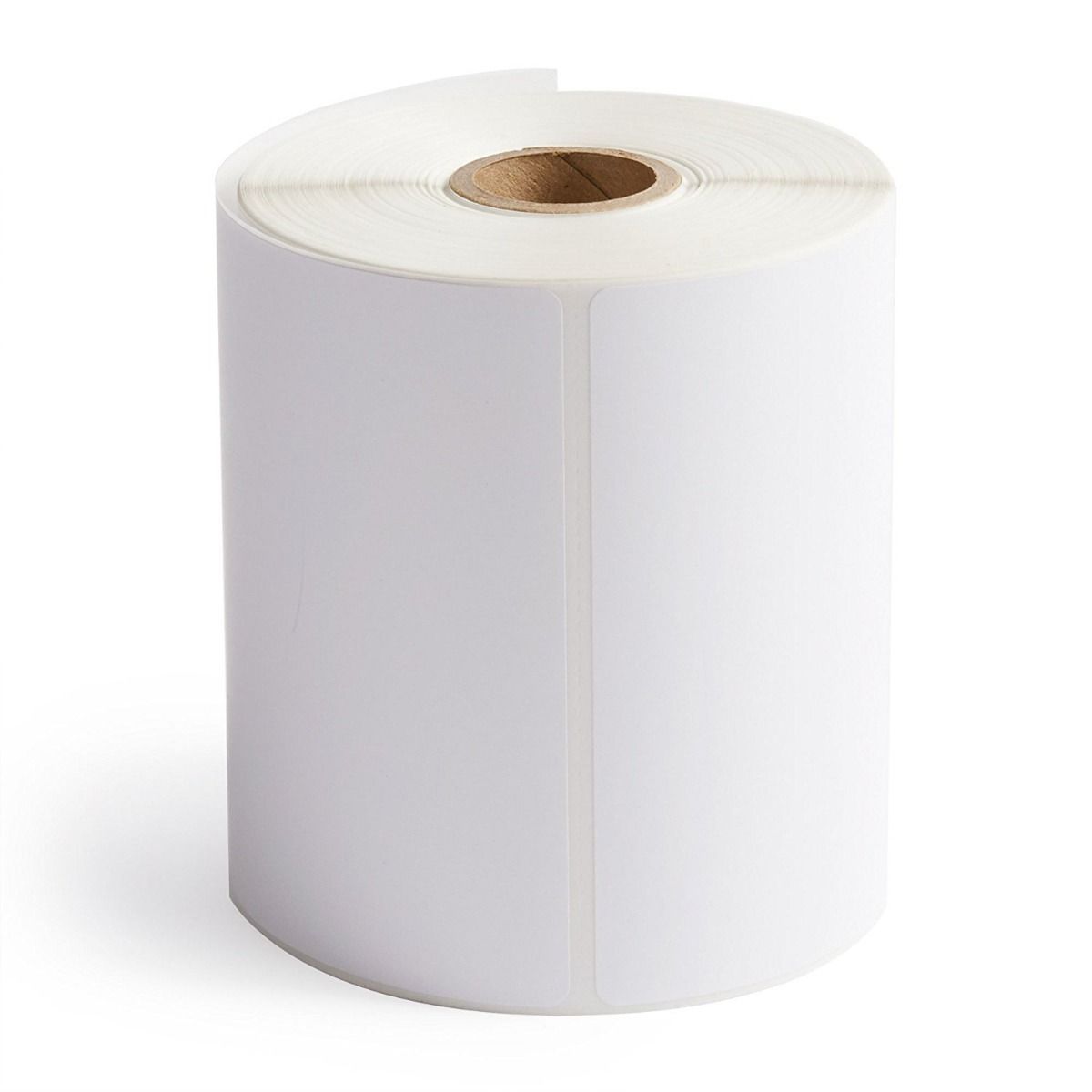 White direct thermal label roll on 1-inch core, perforated edges visible