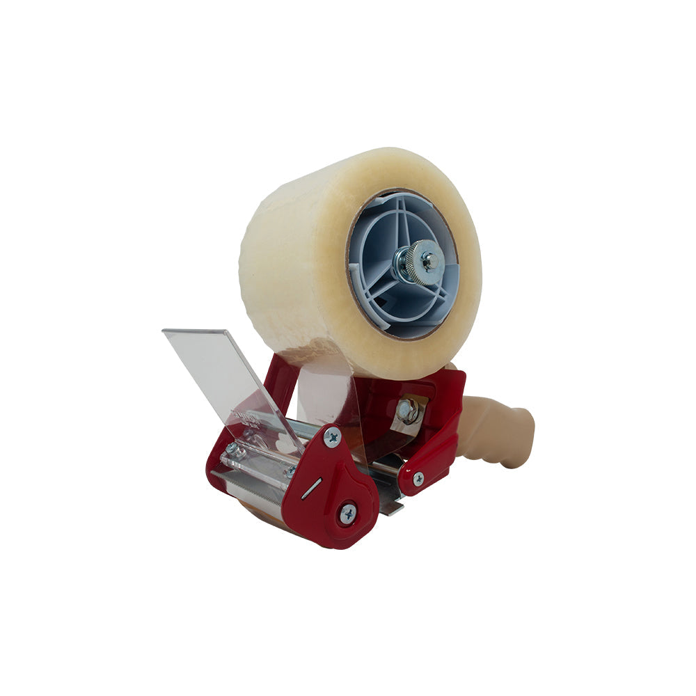 Heavy duty box-sealing tape dispenser with beige tape roll and red metal base