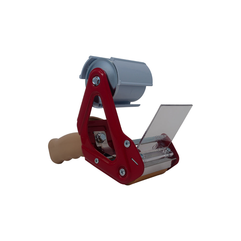 Heavy duty box-sealing tape dispenser with dark gray tape roll and red metal base