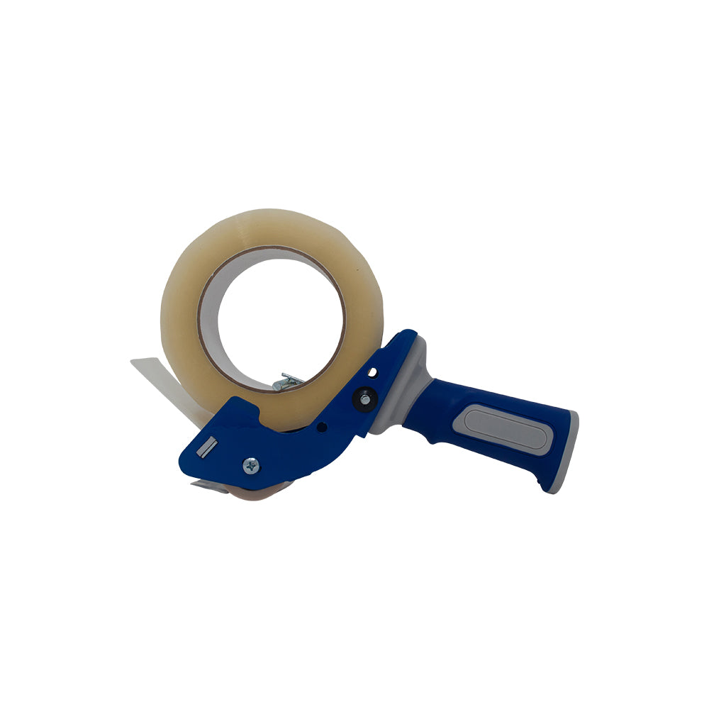 Blue tape dispenser with 2-inch roll holder and tan tape roll