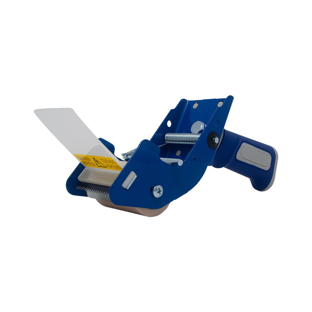 Blue box-sealing tape dispenser for 2-inch rolls with clear tape roll attached