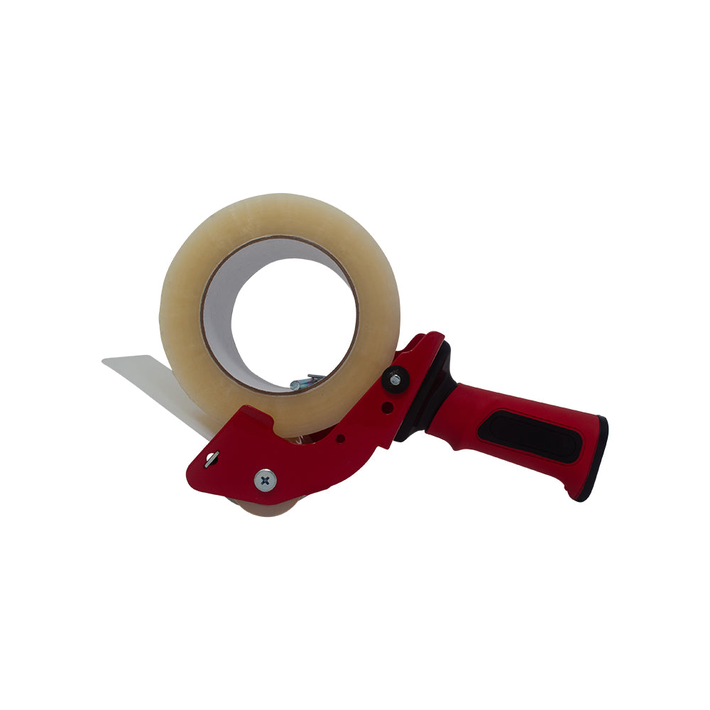 Box-sealing tape dispenser with red base and black grip, holding a clear tan tape roll