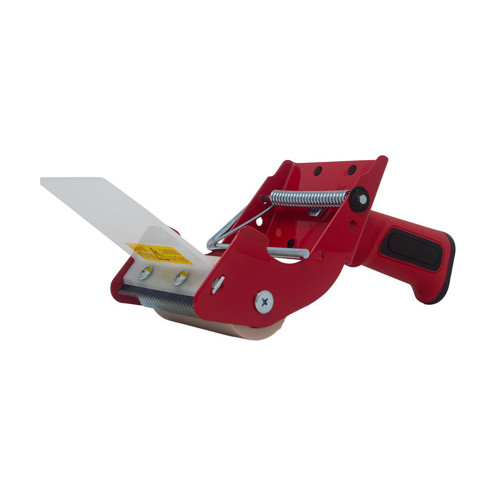 Box-sealing tape dispenser with red handle, metal cutter, and gray tape roll in view
