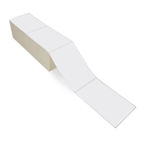 White thermal transfer label fanfold pack, perforated lines between labels