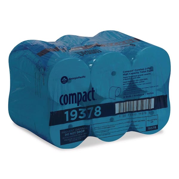 Wrapped bath tissue roll pack, blue outer packaging with multiple compact rolls