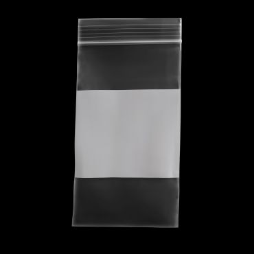 White reclosable poly bag with clear top closure and block-seal bottom