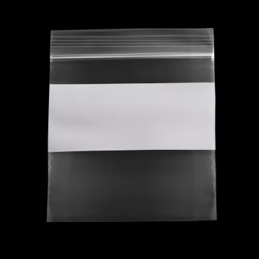 White block reclosable poly bag with clear resealable strip