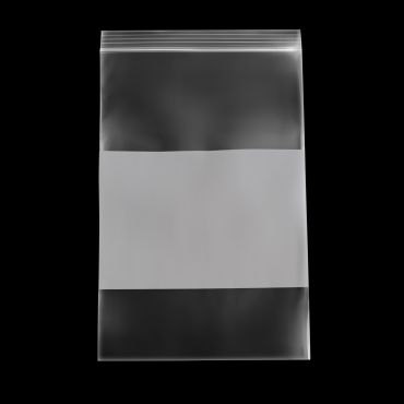 White block poly bag with reclosable top and clear upper section
