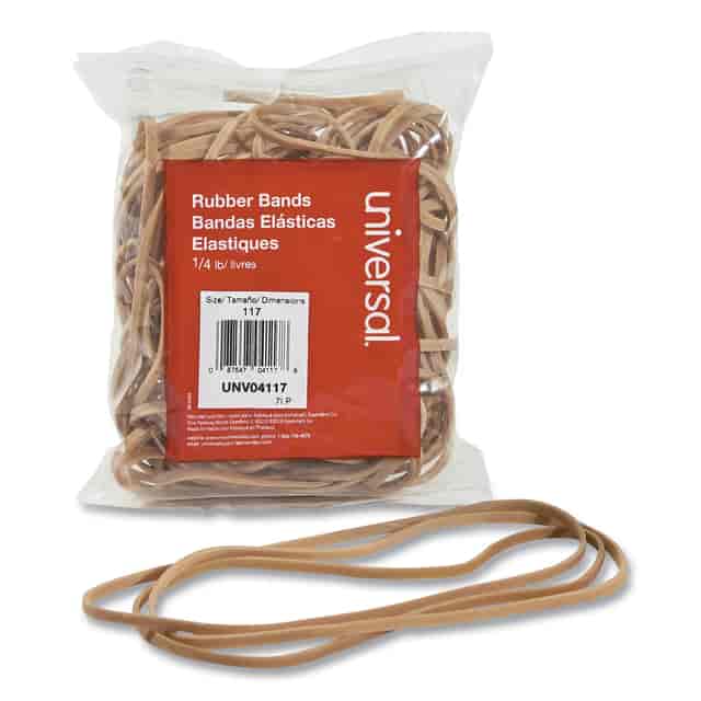 Beige rubber band pack in clear bag with size label 117