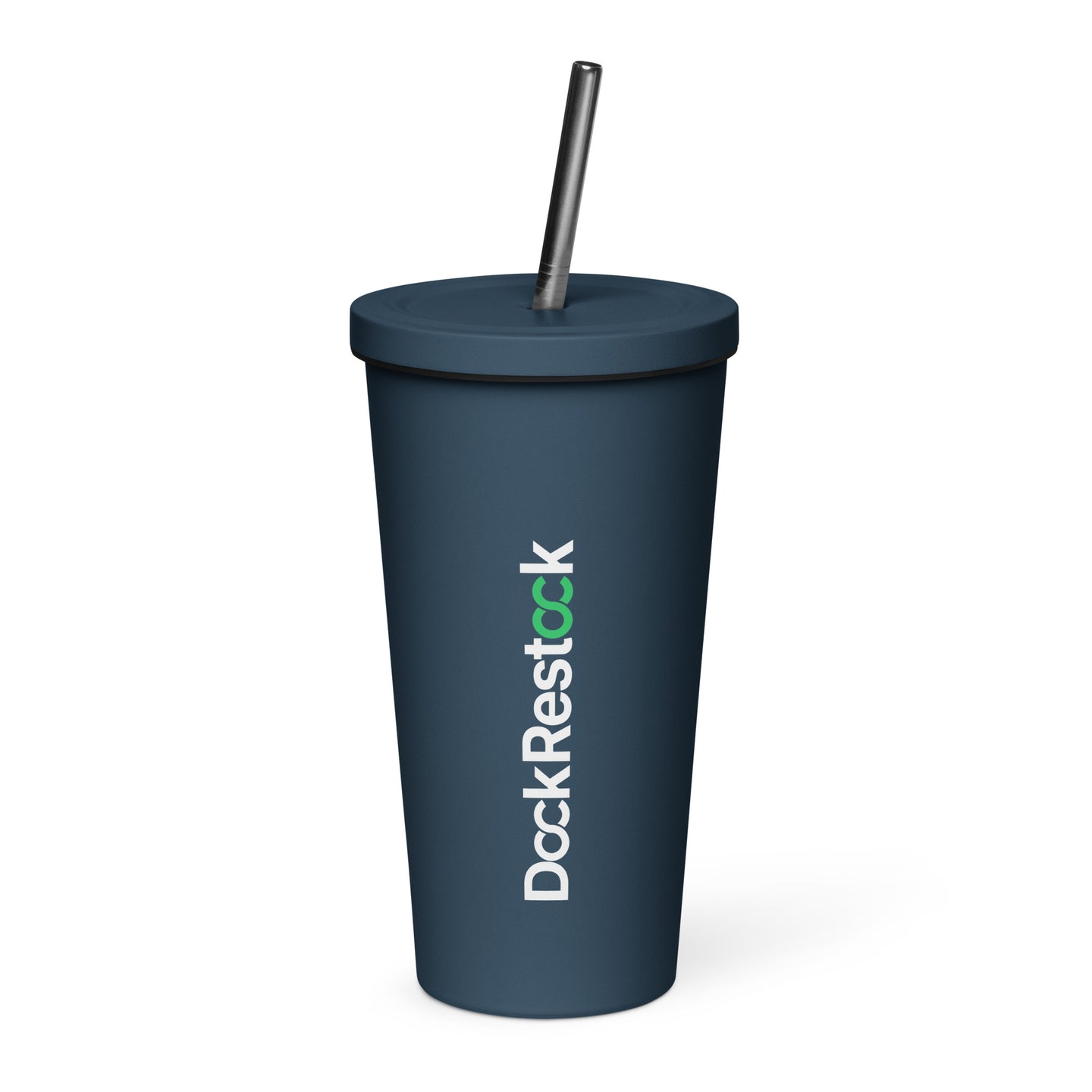 Insulated tumbler with straw, dark blue, screw-top lid