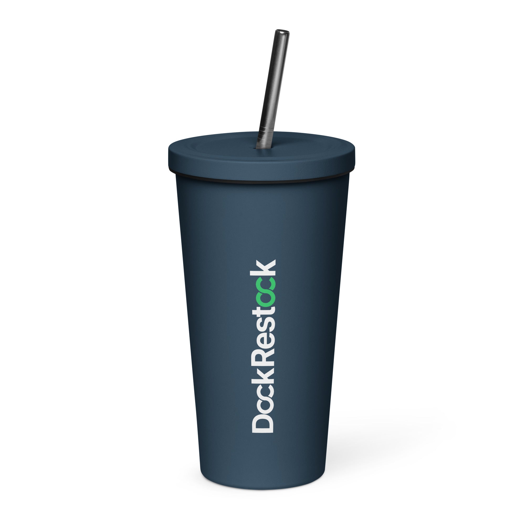 Insulated tumbler with straw, dark blue, screw-top lid