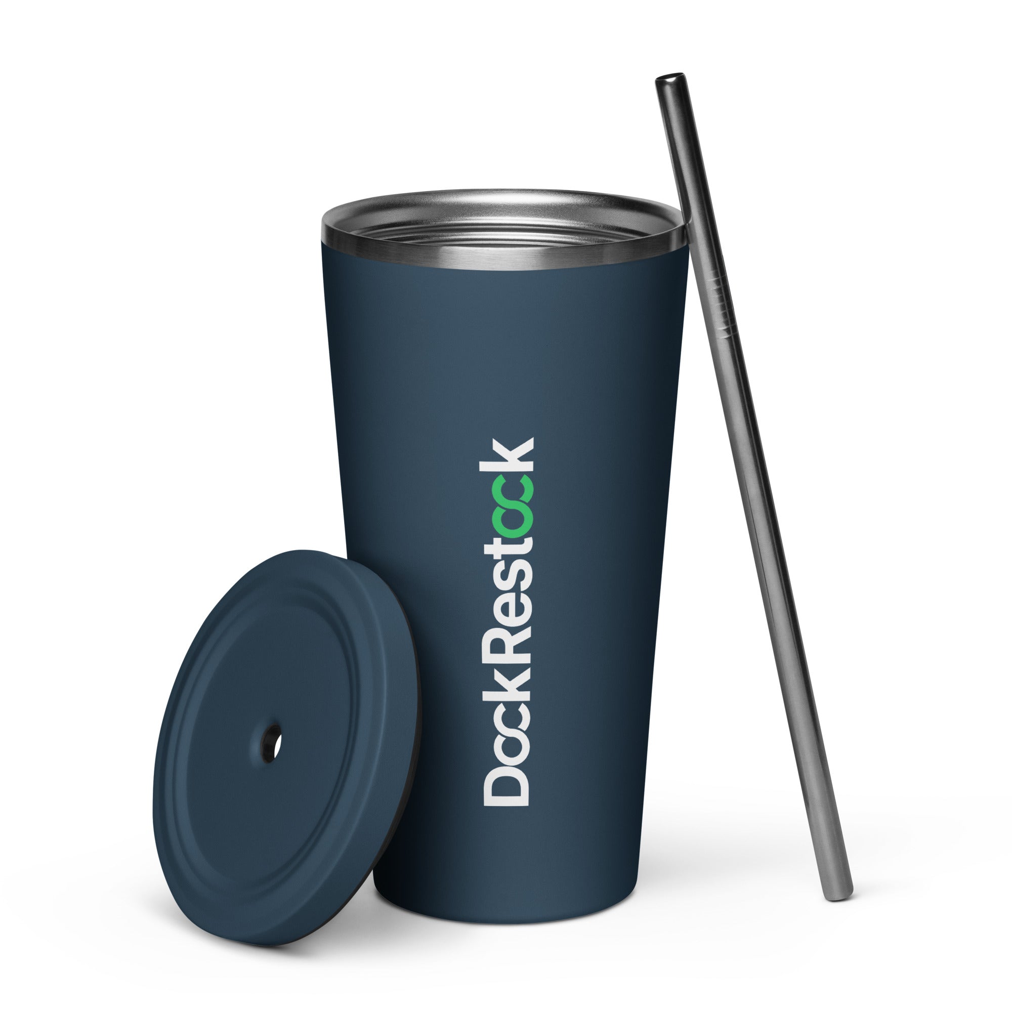 Insulated tumbler with removable lid and straw, dark blue