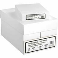 White multipurpose copy paper ream in labeled cardboard box, 8.5 x 11 in, 20 lb