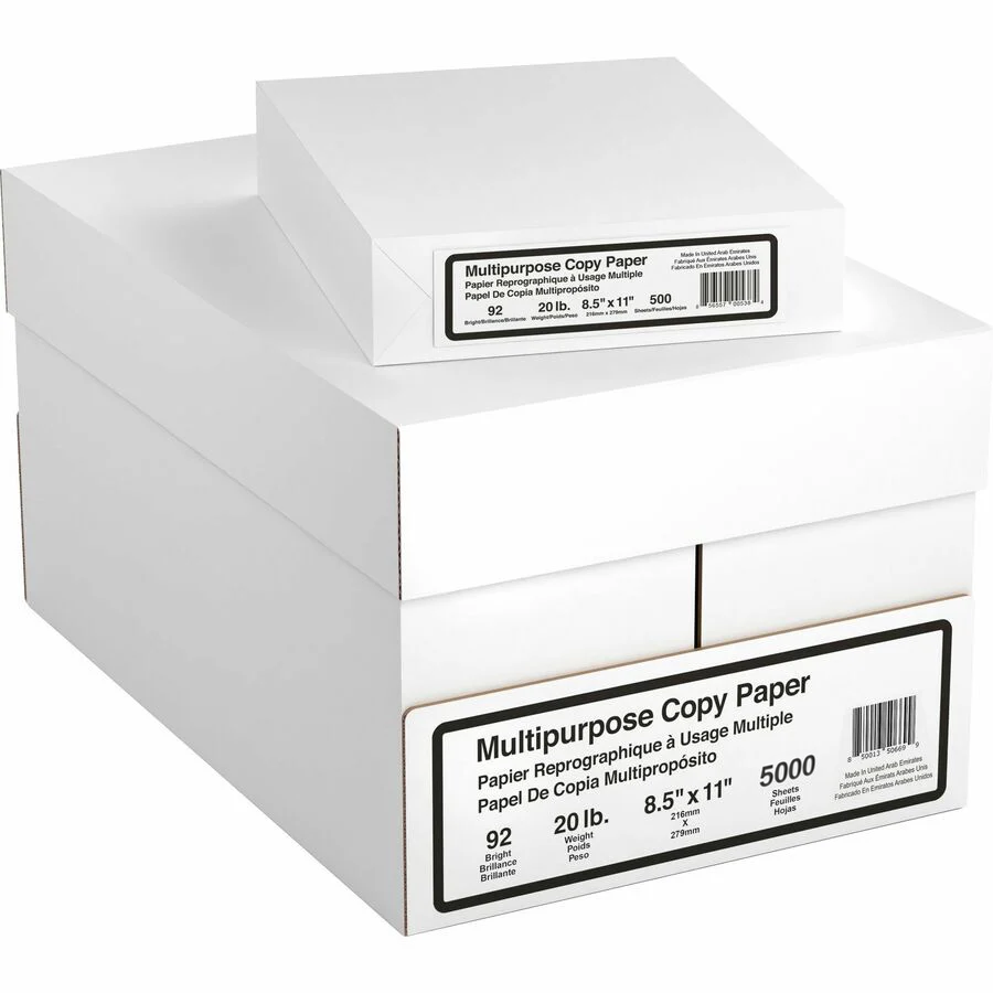 White multipurpose copy paper ream in labeled cardboard box, 8.5 x 11 in, 20 lb