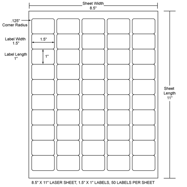 Laser label sheet with 1.5 x 1 in rectangle labels, grid of multiple stickers