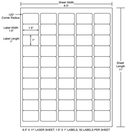 Laser label sheet with 1.5 x 1 in rectangle labels, grid of multiple stickers