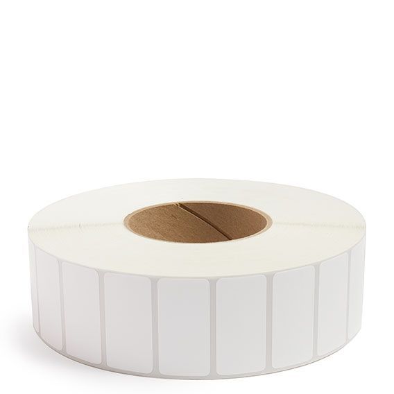 White thermal transfer label roll with perforated rectangular labels, 3-inch core