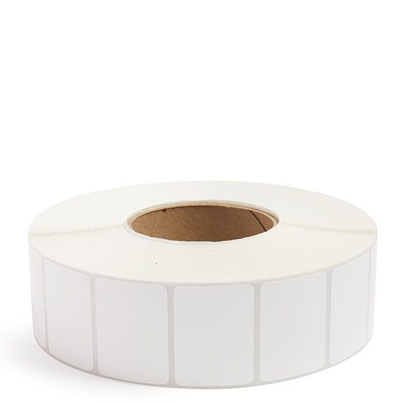 Thermal transfer label roll, white rectangular labels on a 3-inch core