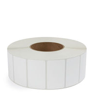 Thermal transfer label roll with white rectangular labels and visible core