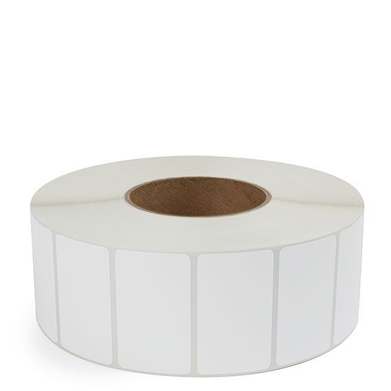 Thermal transfer label roll with white rectangular labels and visible core