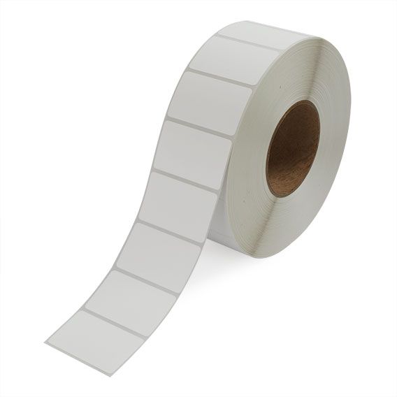 Thermal transfer label roll with white labels extending in a strip