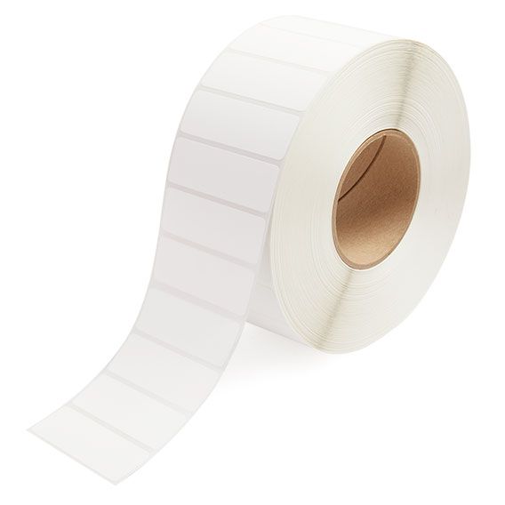 White thermal transfer label roll, stacked rectangular labels with 3 inch core