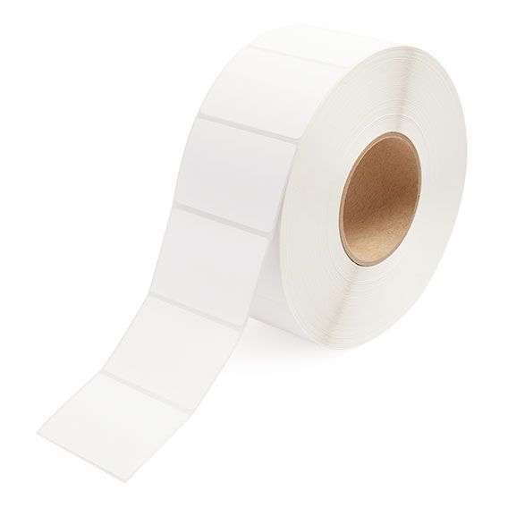 Thermal transfer label roll with white labels partially unwound, 3 in core