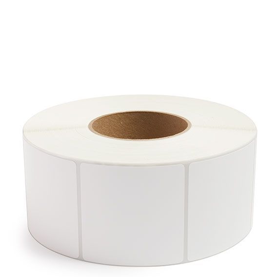 White thermal transfer label roll with blank square labels on 3 inch core