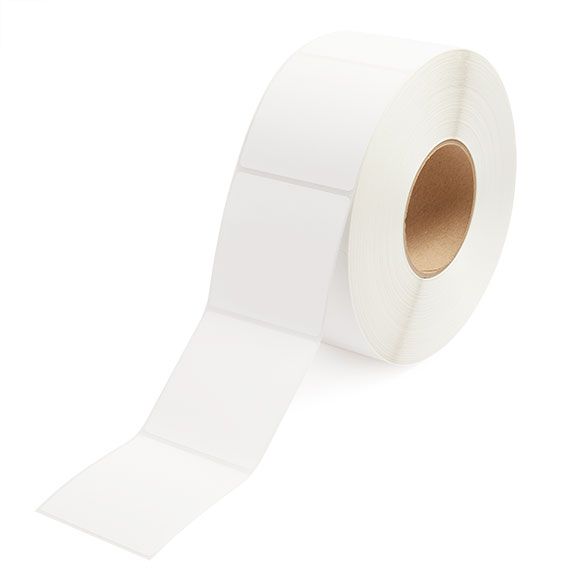 White thermal transfer label roll with blank labels, showing roll edge and backing