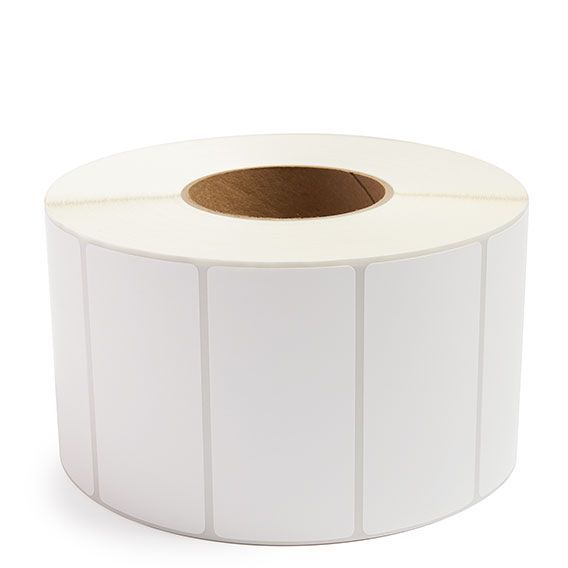 White thermal transfer label roll with blank rectangular labels and 3-inch core opening