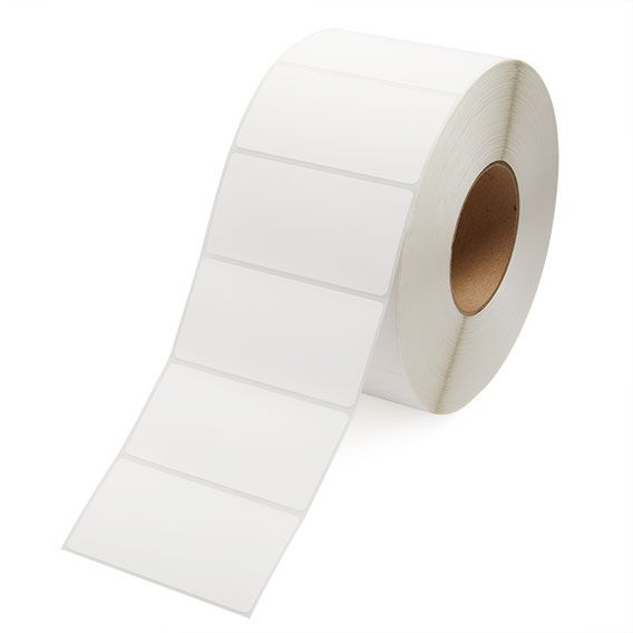 White direct thermal label roll unspooling with blank rectangular label sections