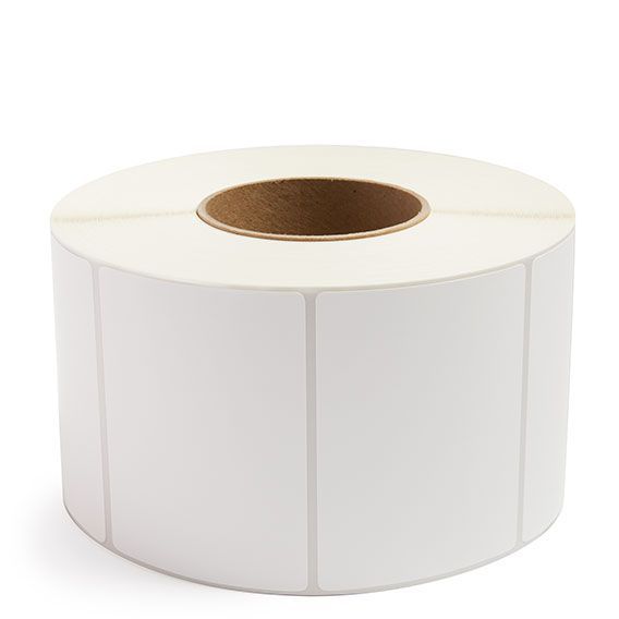 White thermal transfer label roll, blank rectangular labels with a 3-inch core